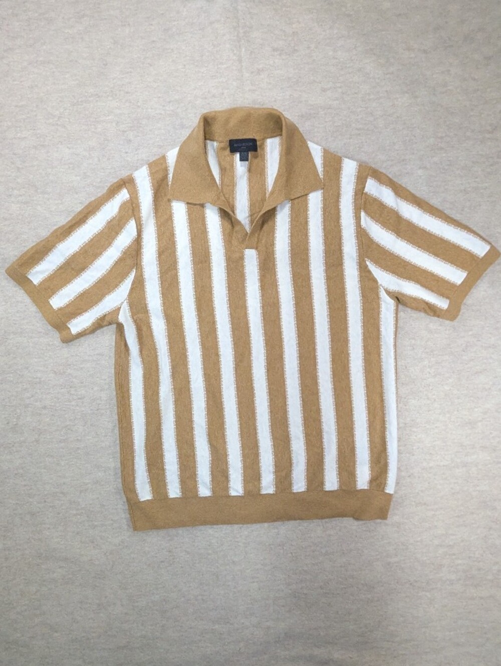 Magaschoni Cotton & Wool V Neck Tan White Stripe Short Sleeve Soft Collar Polo L